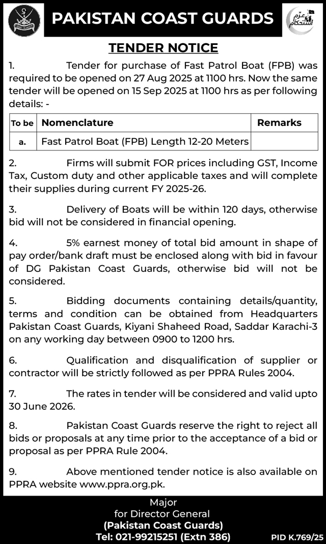 Pakistan Coast Guards Tender Notice